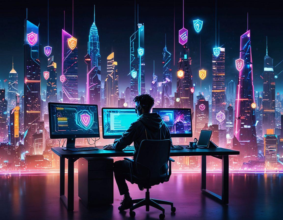 A digital illustration of a person sitting at a computer, surrounded by floating icons representing online safety (like shields and locks) and certification badges in a colorful, engaging style. The screen displays a vibrant and artistic interpretation of hentai art, blending fantasy elements to highlight creativity while emphasizing safety. The background is filled with a futuristic cityscape, symbolizing the vastness of the online world. vibrant colors. cyberpunk.